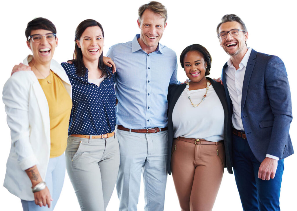 Studio portrait of a team of colleagues standing together in unity against a white background